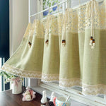 rideau vintage rustique vert clair dentelle blanche bois ruban décoratif pastoral tissu uni