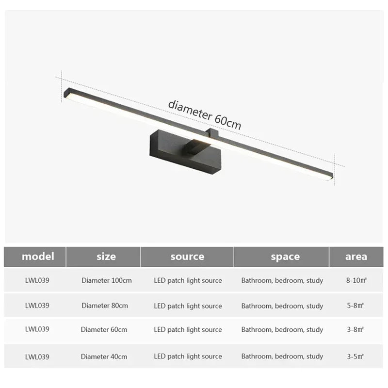 lampe miroir moderne noir blanc doré fixée mur led tricolore 40cm 60cm