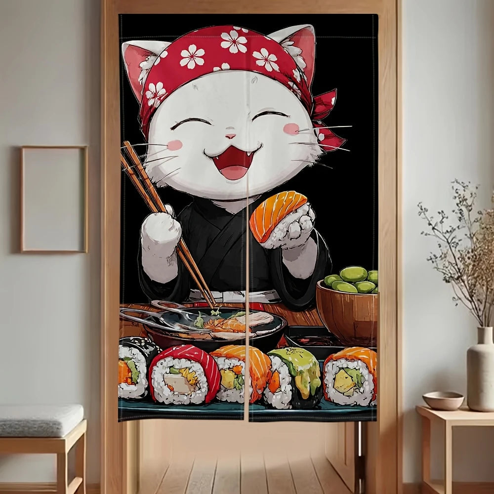 rideau cuisine japonais dessin animé chats souriants sushi floral polyester durable