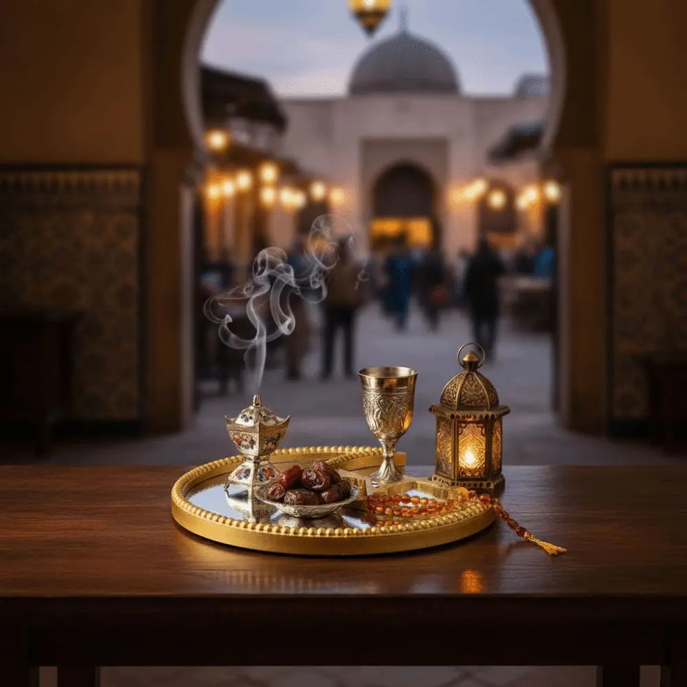 plateau decoratif forme lune couleur or dattes encens verre lanterne oriental miroirs croissant architecture