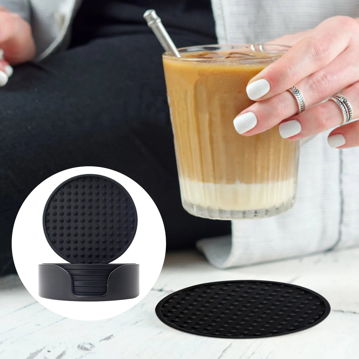 coasters acrylique noirs bleu marine modernes texture points 10cm 5cm pack pièces rangement