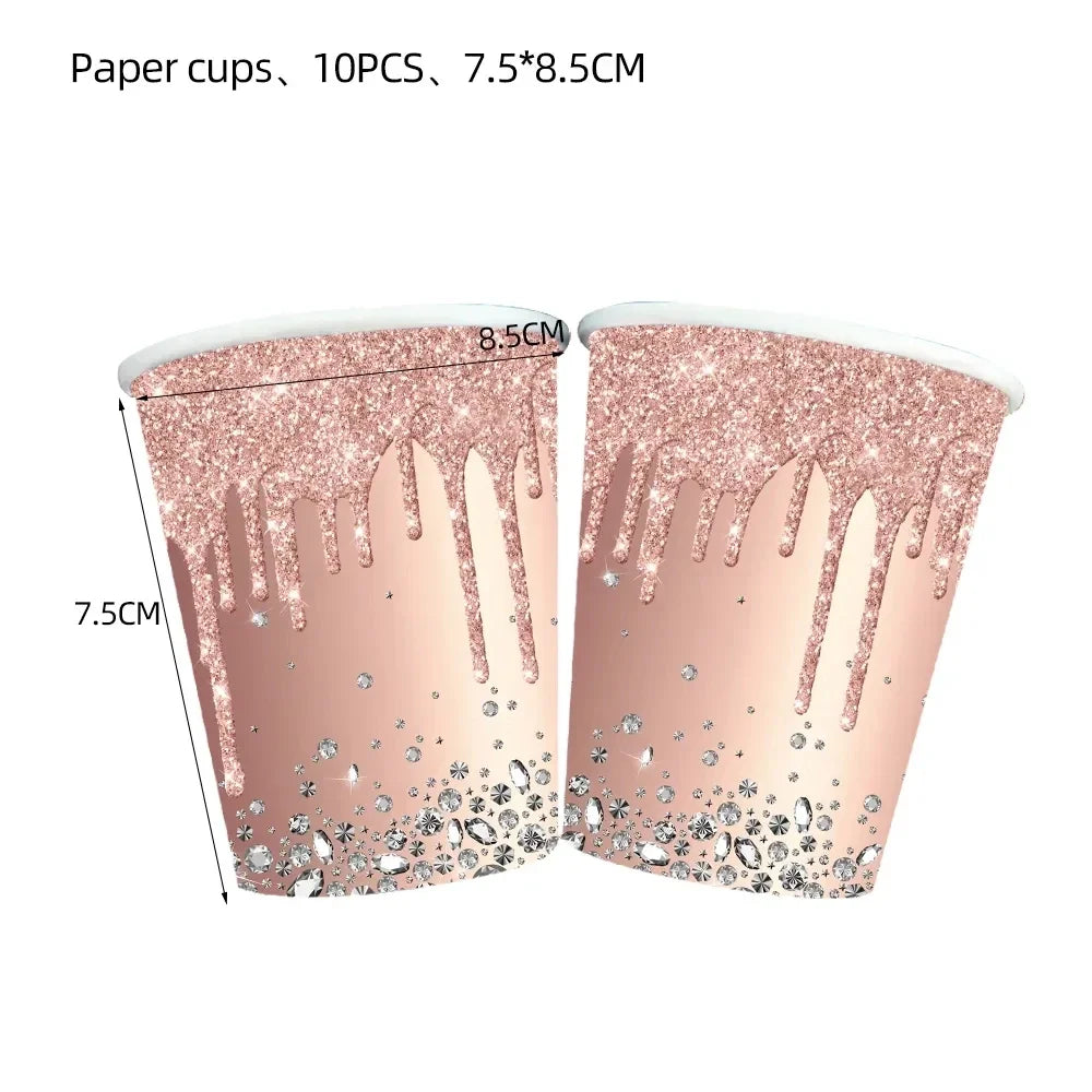 assiettes rose glitter dorées serviettes nappe festive anniversaire mariage décoration table événement festif