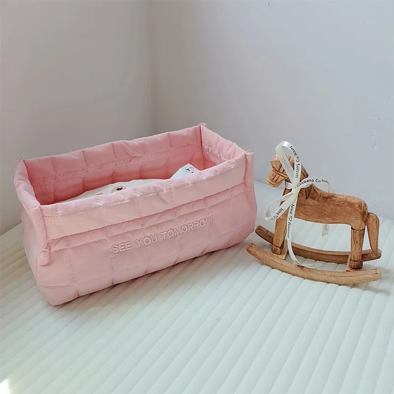 sac rangement coton piqueté moderne doux poignées tissu multicolore beige rose bleuclair jaune blanc