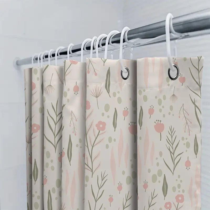 rideau douche fleurs stylisées polyester moderne beige rose vert anneaux fixation 180cm 180cm