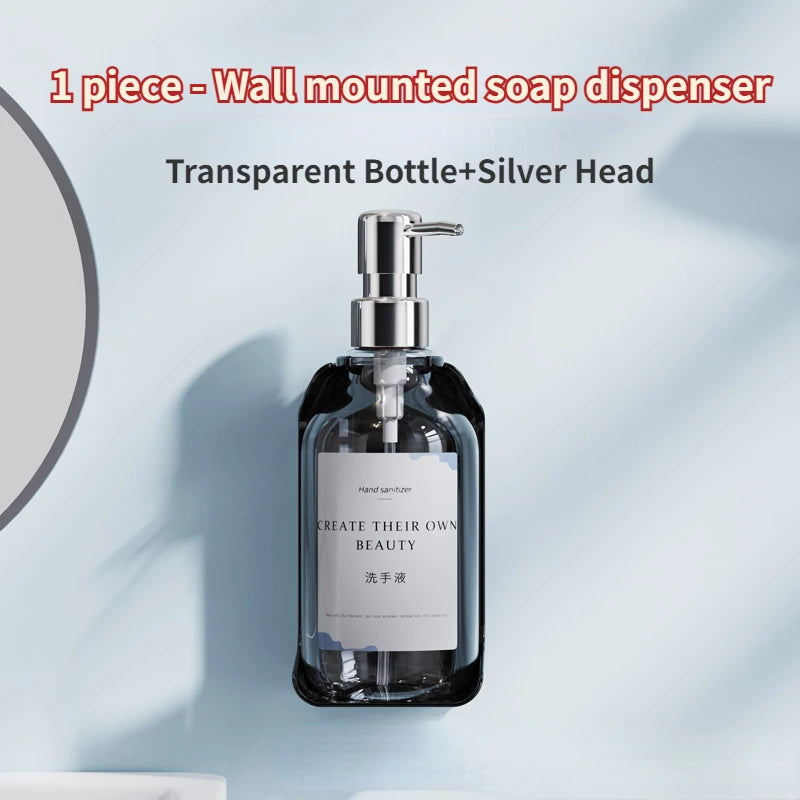 distributeur savon mural rechargeable sans poinçonnage moderne transparent noir étiquette blanche main shampoing gel