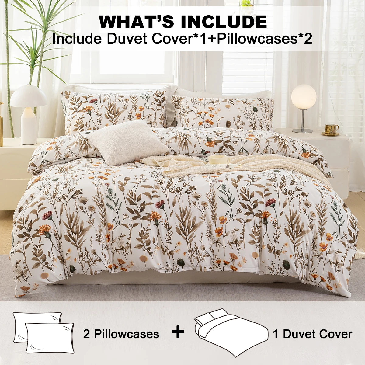 housse couette motif floral moderne pièces blanc cassé orange marron vert douce machine laver