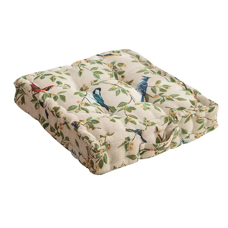 coussin siège carré coton imprimé floral oiseaux rouge vert marron traditionnel