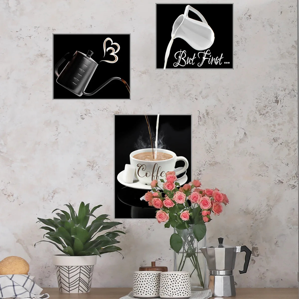 affiches murales autocollantes moderne illustration but first coffee tasse cuillère cœur minimaliste