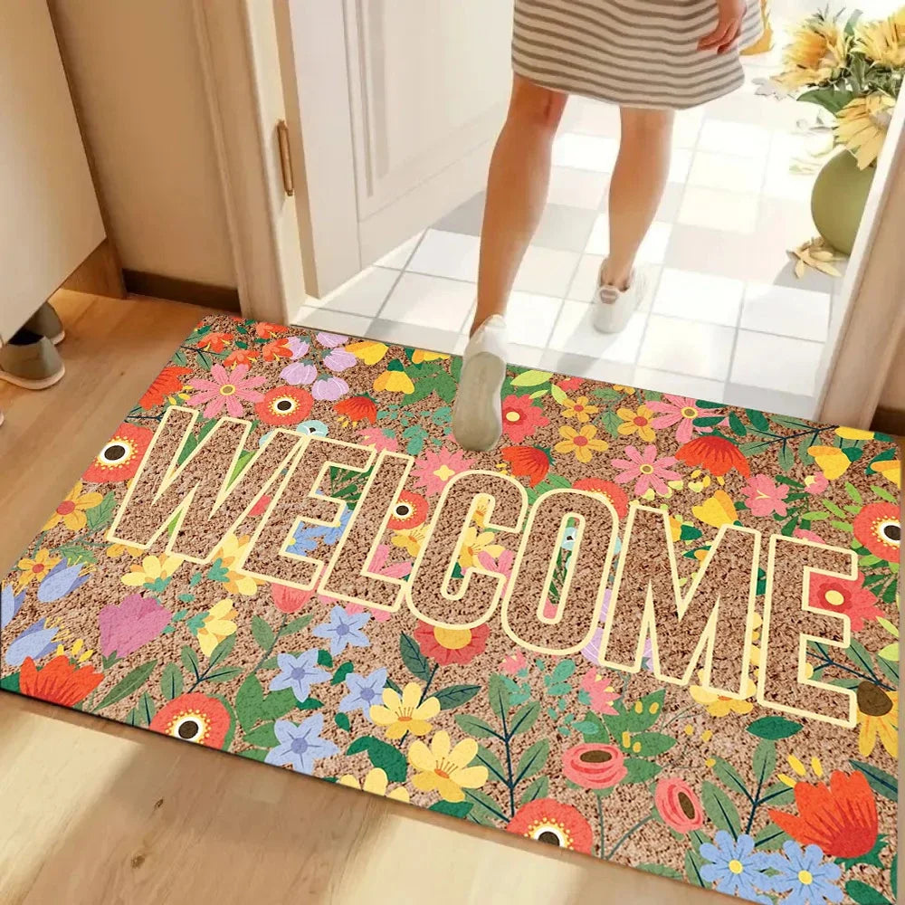 tapis d'entrée moderne fleurs colorées welcome résistant rides antidérapant marron rouge vert
