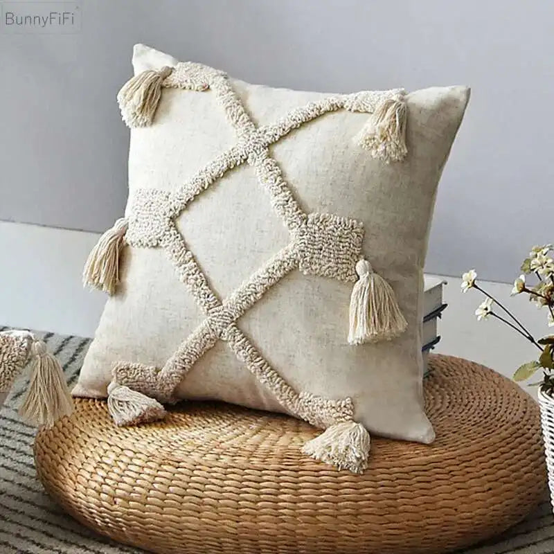 coussin carré beige motif losange texture bouclée décoration maison boho franges
