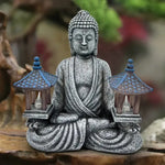 statue bouddha résine gris jaune bleu lanternes solaires zen décoration intérieure extérieure vieilli aspect
