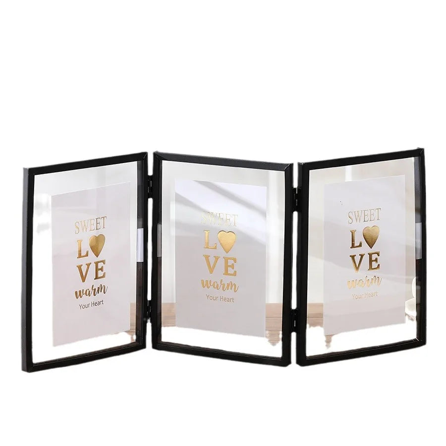 cadre photo or moderne triple transparent charnières papier motif cœur