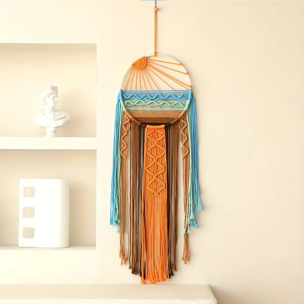 décoration murale bohème dreamcatcher macramé géométrique orange bleu marron artisanal chambre salon