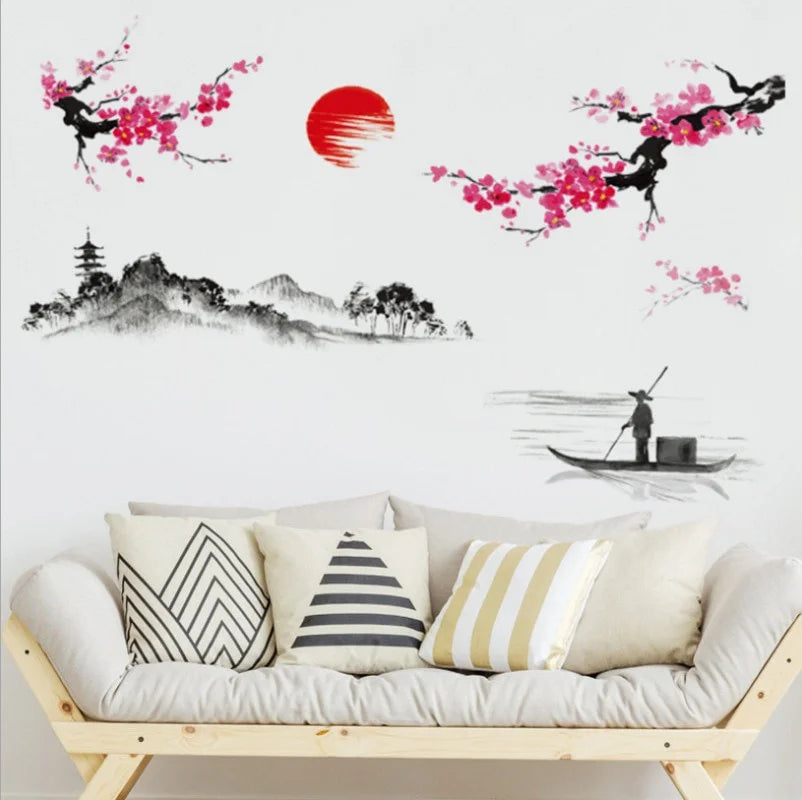 sticker mural fleurs cerisier montagnes soleil bateau pagode rouge noir blanc adhésif traditionnel japonais