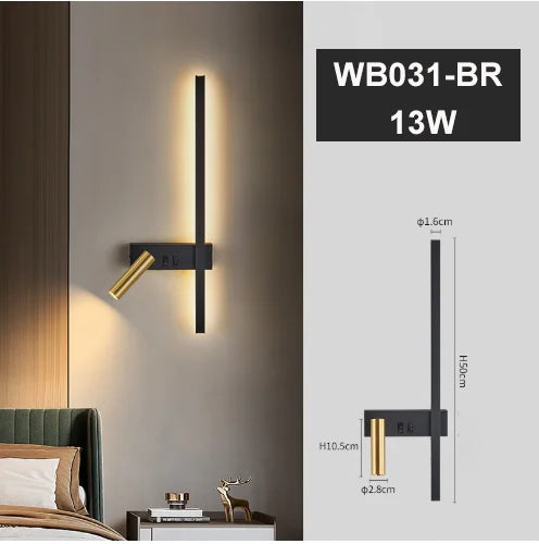 lampe murale led moderne minimaliste noir doré fixée mur interrupteur câble 2000lm chambre salle