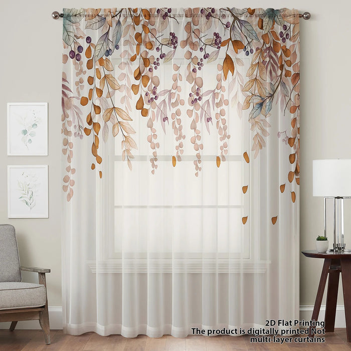 Rideau voilage moderne motif feuilles d'automne aquarelle suspendu