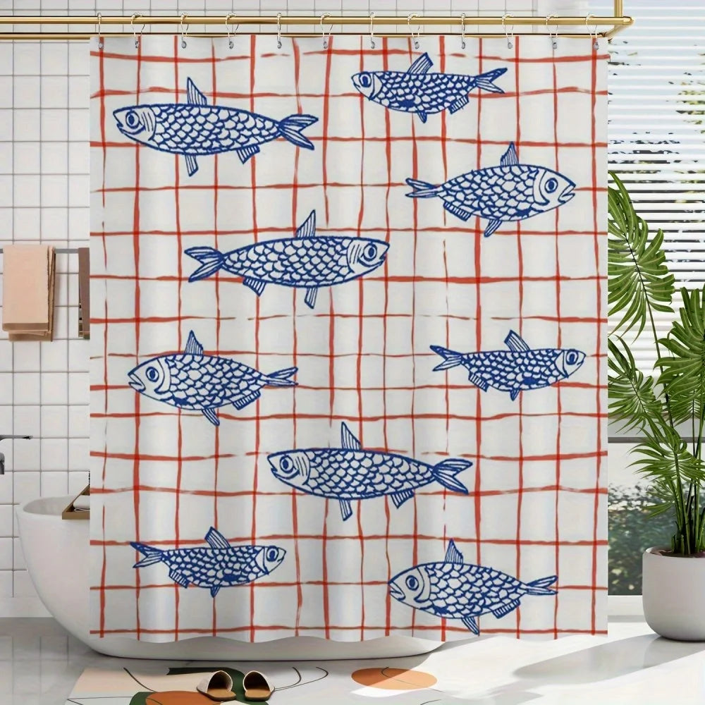 rideau douche poissons bleus moderne fond blanc lignes rouges carrés opaques anneaux métalliques