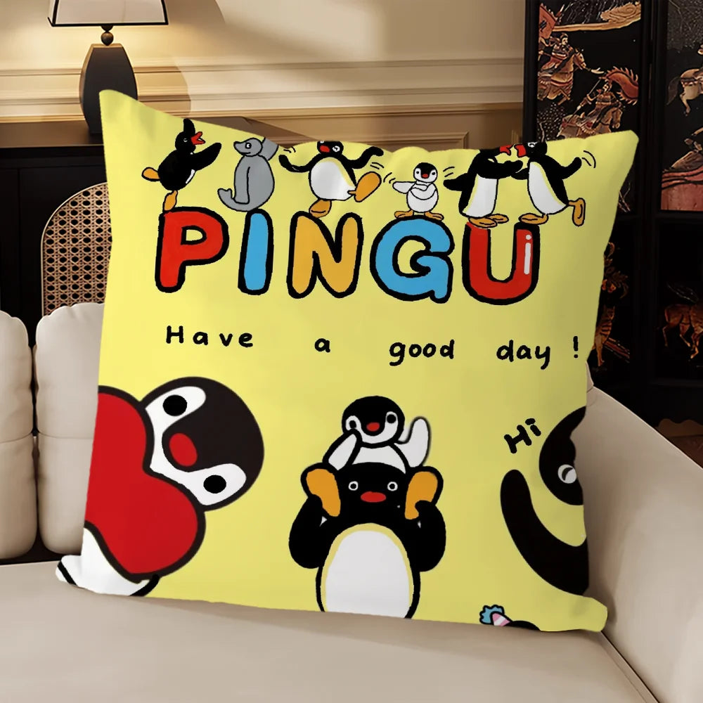 housse coussin carré beige motif pingouin cartoon décoratif salon chambre enfant tissu coton