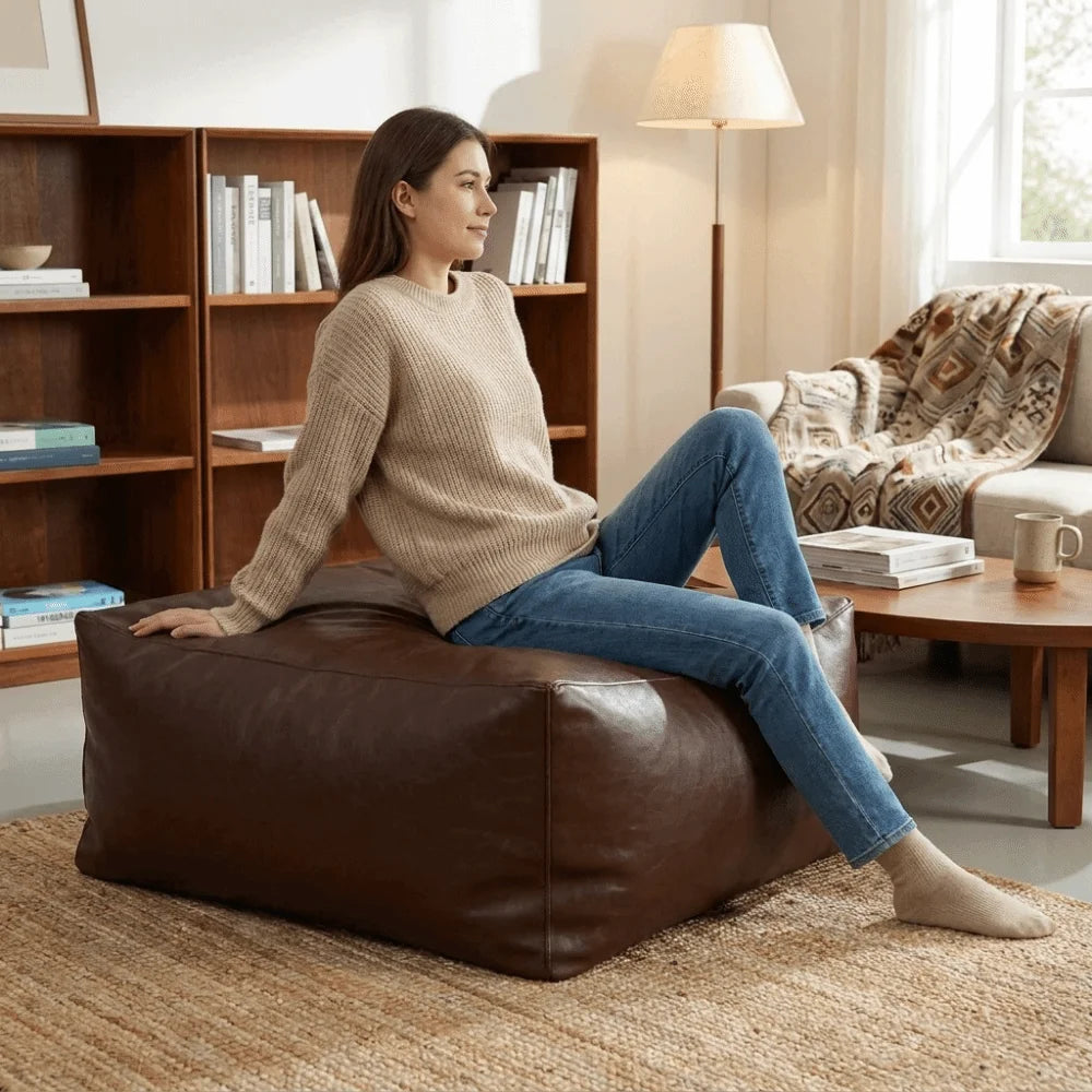 poufs marron noir crème cuir texturé coutures apparentes moderne décontracté bohème accueil