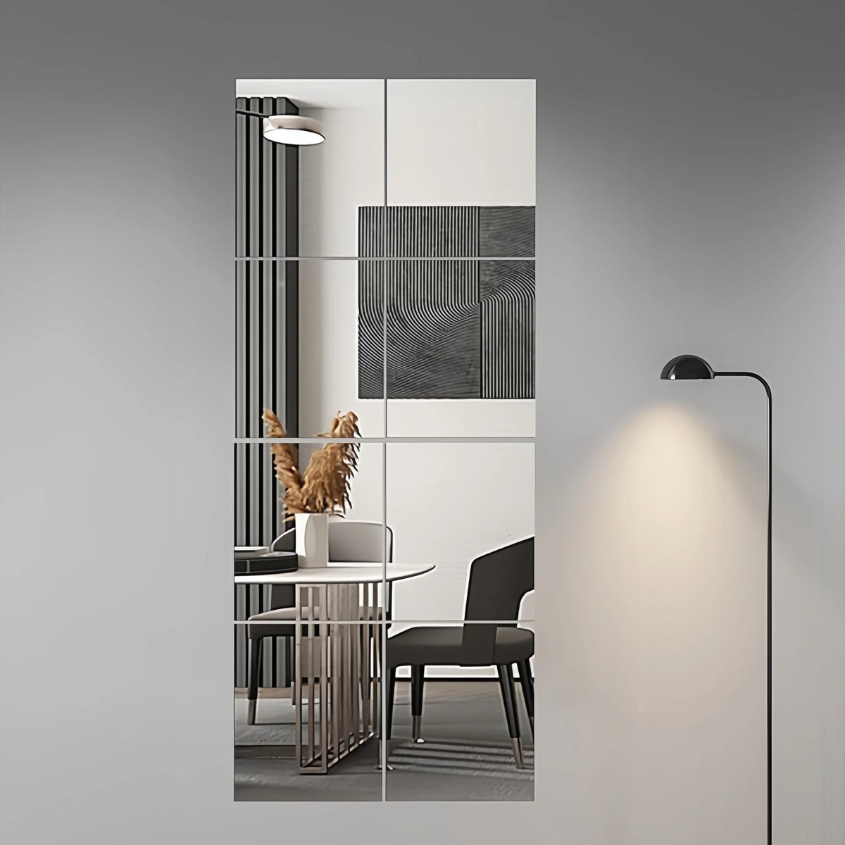 panneau miroir acrylique moderne rayures noires blanc gris adhésif décoration salon porte garde robe