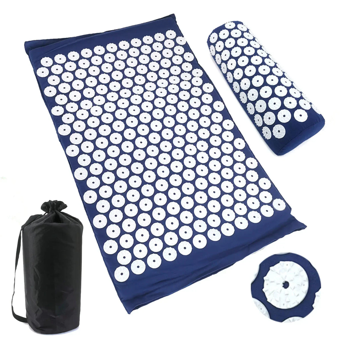 tapis massage acupression oreiller relaxation bleu marine violet vert gris moderne ergonomique rondelles blanches