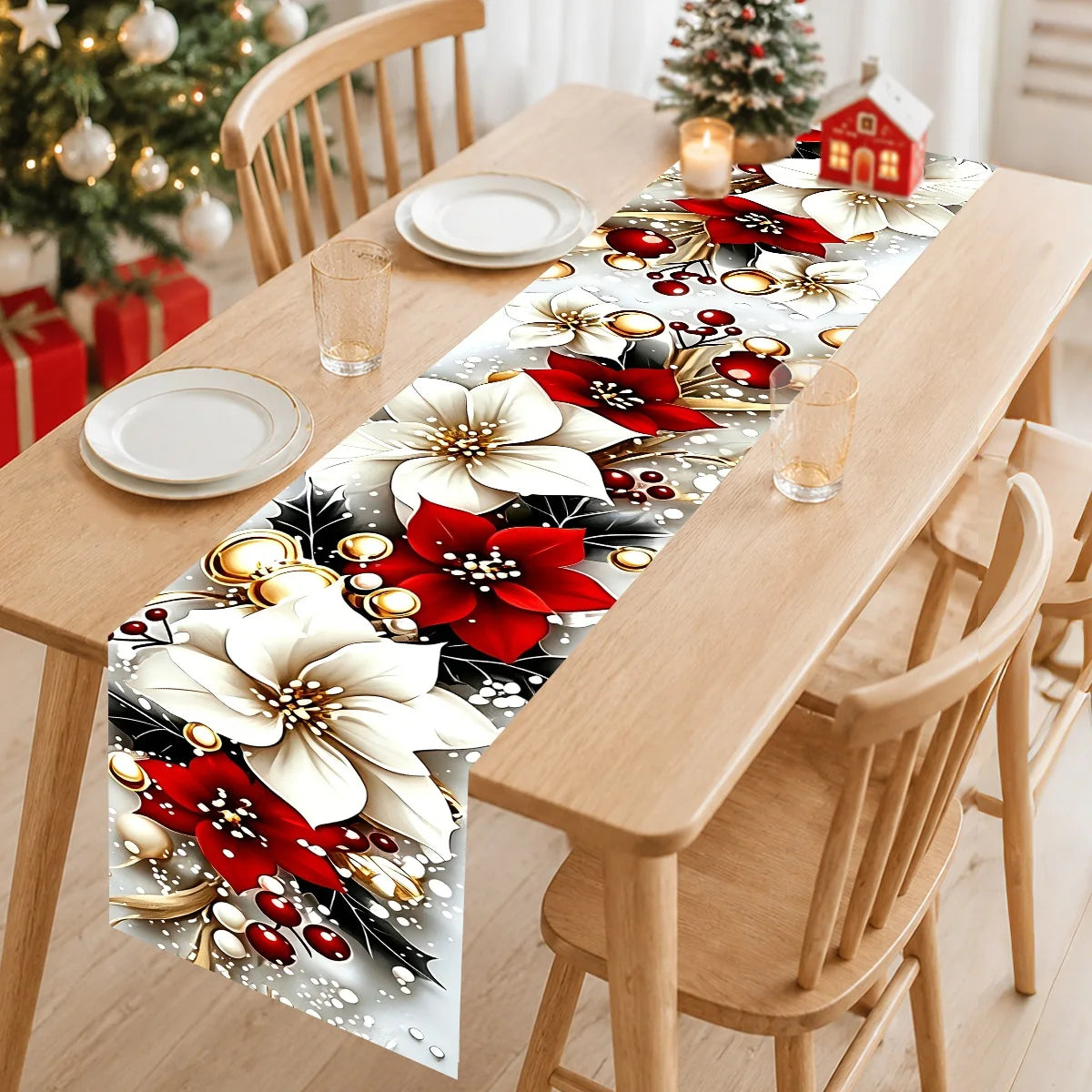 table noël blanc rouge motif floral hiver extérieur moderne festive polyester