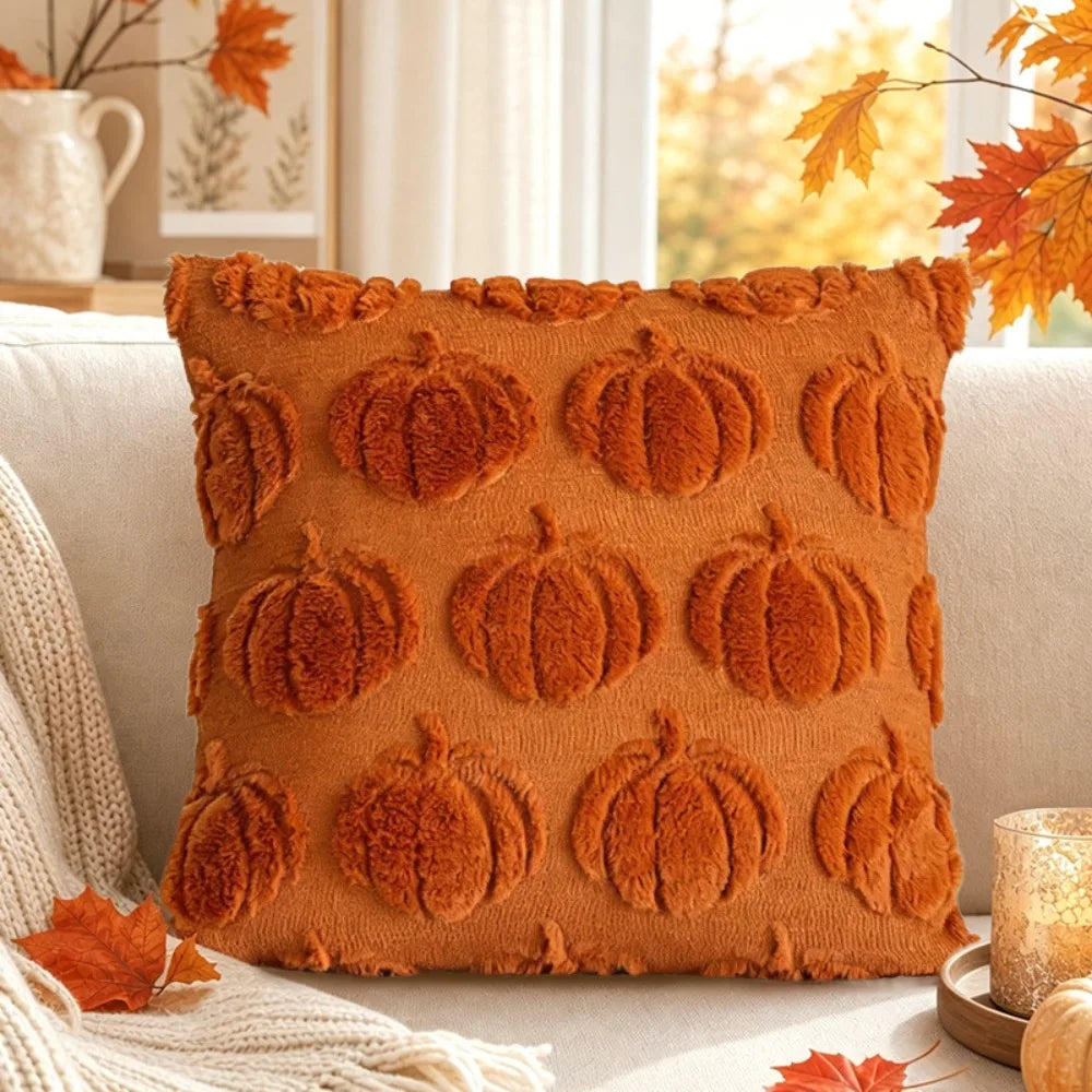 taies d'oreiller citrouille orange beige motifs imprimés jacquard doux polyester opaques maison