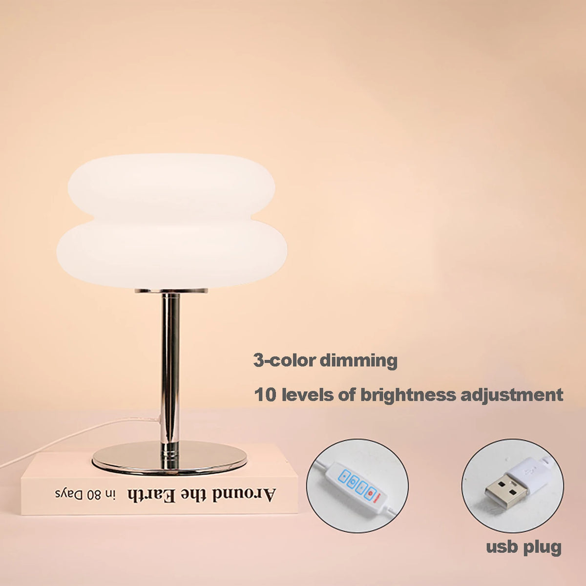 lampe table moderne abat jour blanc pied argenté prise usb tricolore ambiance chambre étude