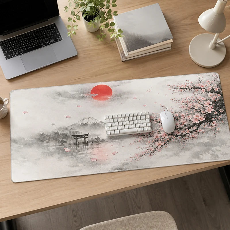 tapis souris gris rose paysage japonais mont Fuji cerisiers fleurs ciel nuageux adhésif 900x400mm