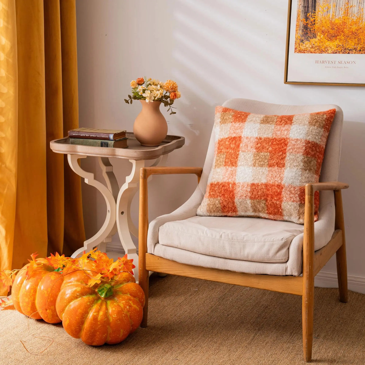 housses coussin orange beige carreaux rustiques plaids décoratifs polyester respectueux environnement farmhouse