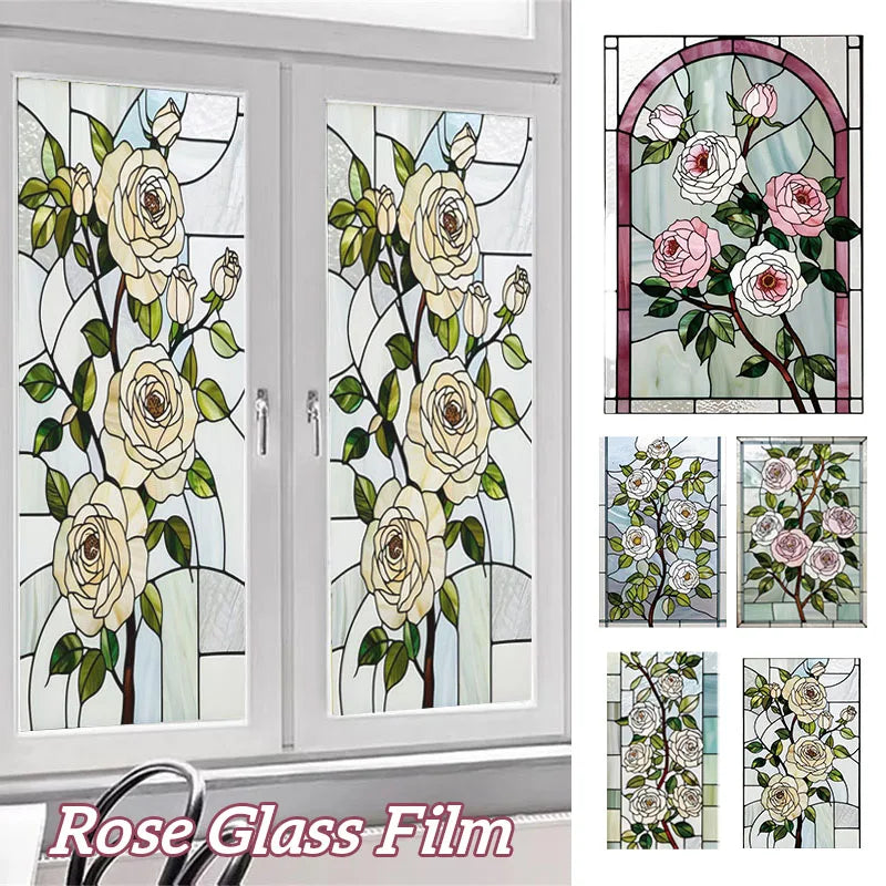 film décoratif fenêtre autocollant statique motif roses fleurs art nouveau opacité protection intimité