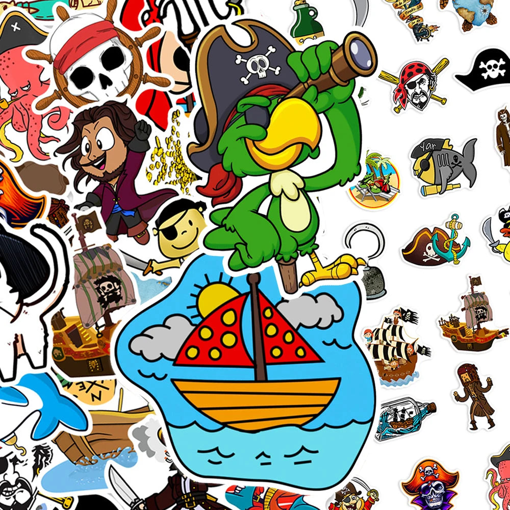 sticker pirate dessin animé multicolore adhésif trésor bateau animaux marins collection stickers decoration portable