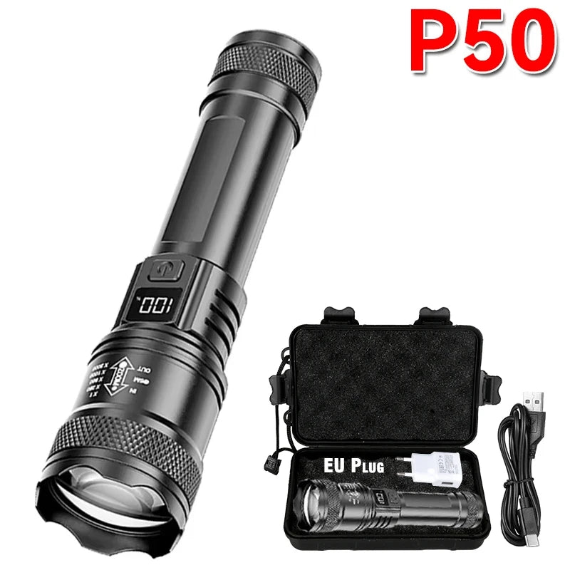 torche portable led rechargeable zoom télescopique batterie usb boîte moderne noire intense