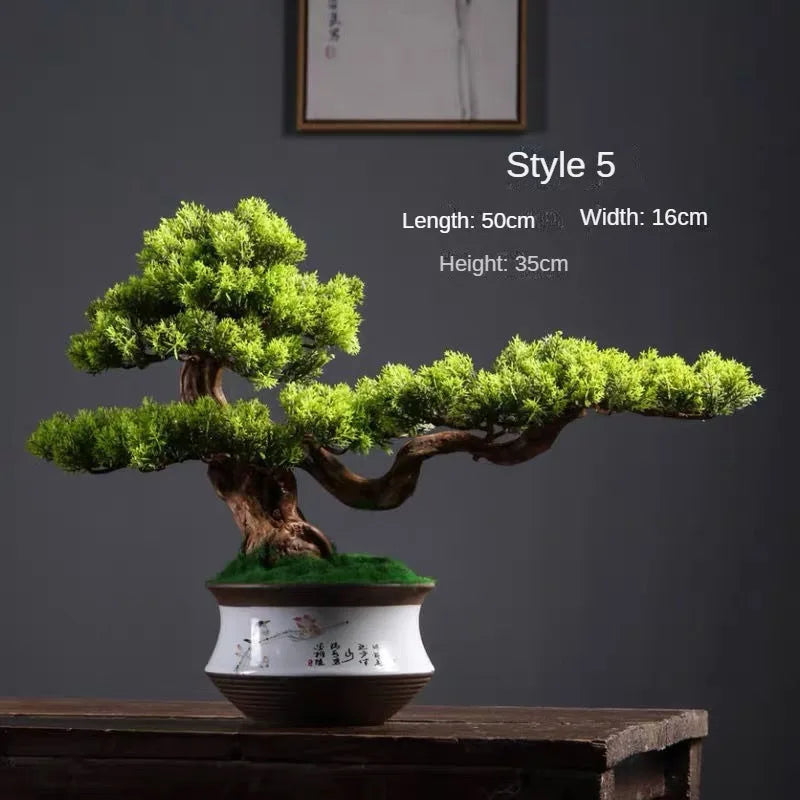 bonsaï artificiel vert clair arbre feuilles fines pot noir gravier blanc ornement extérieur classique