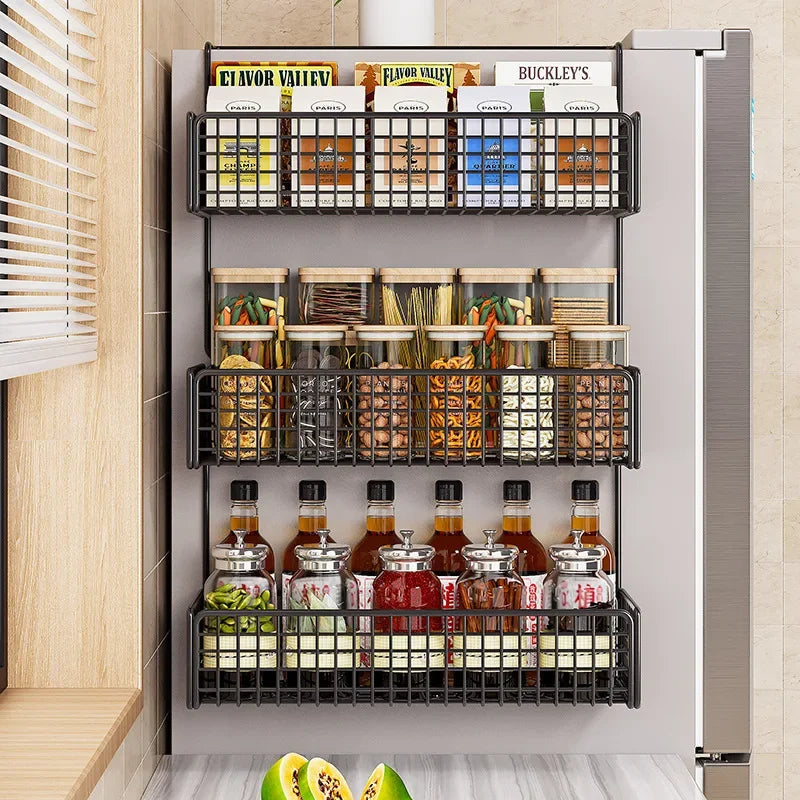 étagère murale cuisine trois niveaux métal noir organisateur épices bouteilles rangement moderne adhésif