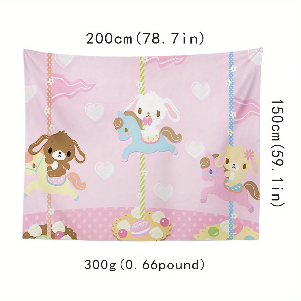 tapisserie animaux carrousel rose clair beige bleu illustration douce enfant clips magnétiques 150x130cm 150x200cm