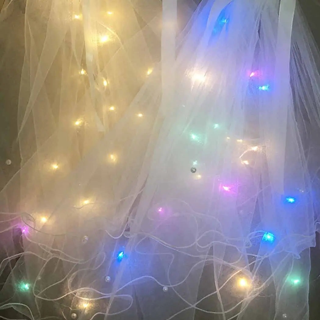 voile mariage lumineux blanc plumes élégant festif clips tulle lumière led 24h bridal shower
