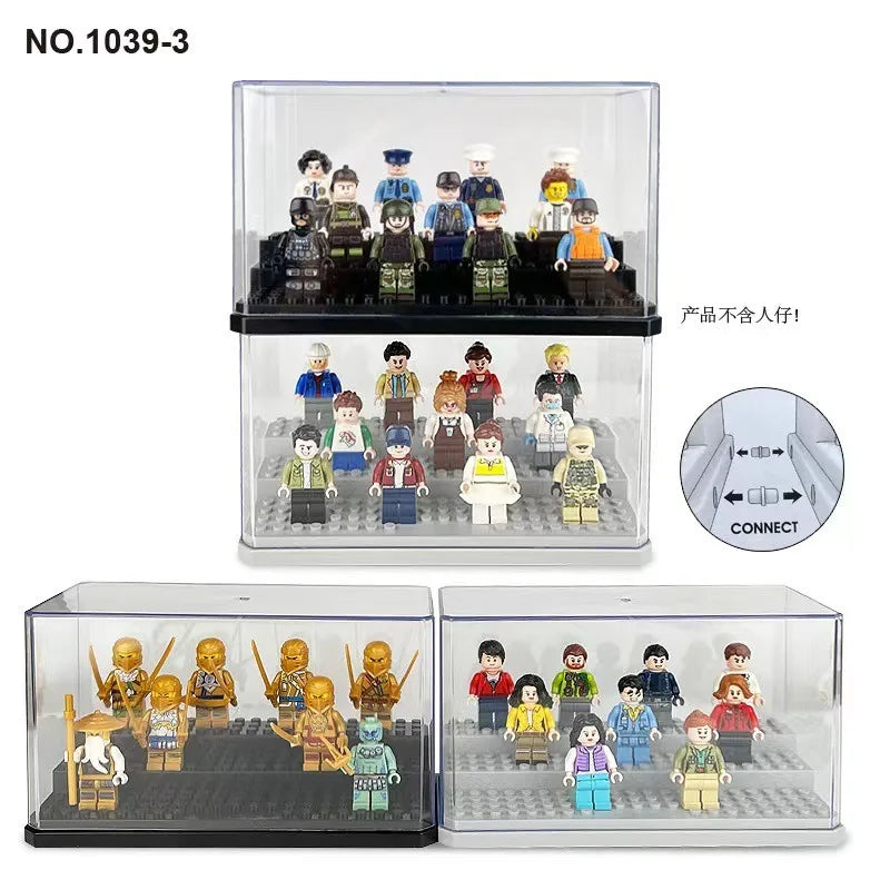 boîtes rangement transparentes figurines lego voitures miniatures accessoires jouets boîtes présentation personnages diversément habillés