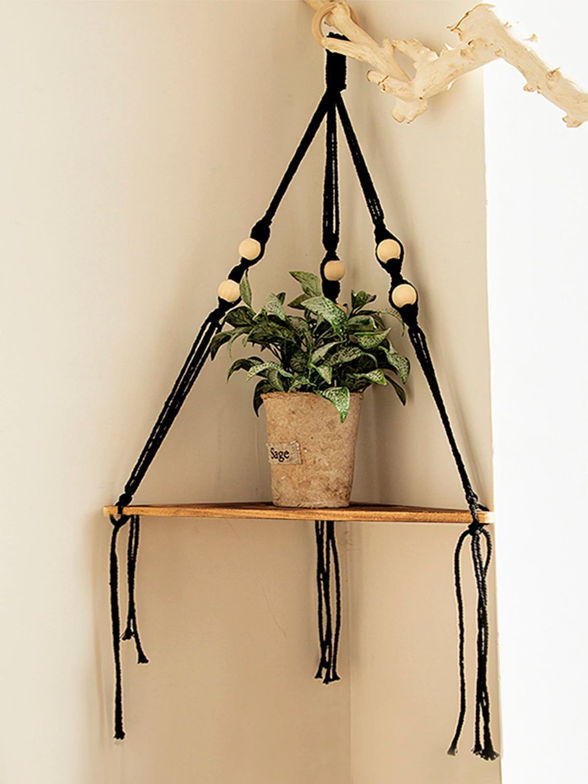 étagère suspendue macramé bois bohème plante verte pot vase fleur rose buste photo chambre