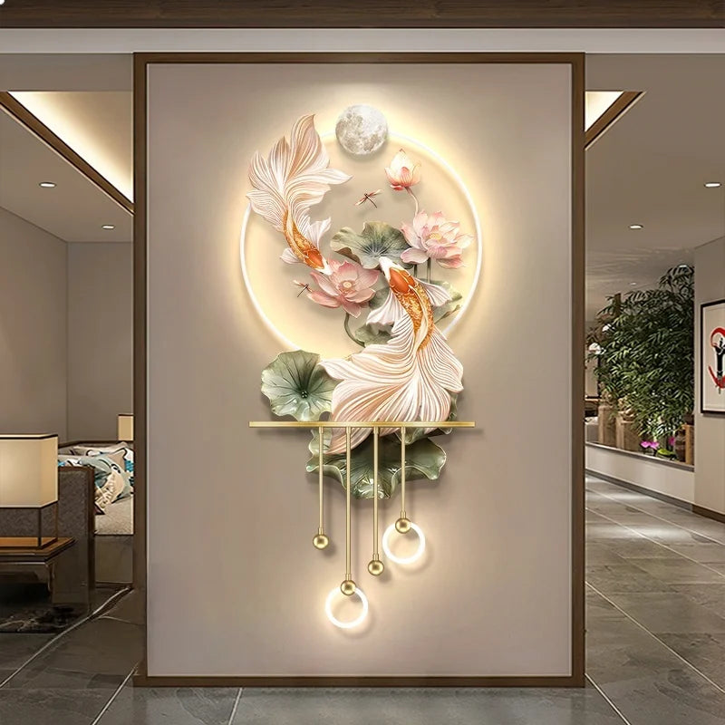 décoration murale moderne poissons floral feuilles lumineuse led beige rose verte doré