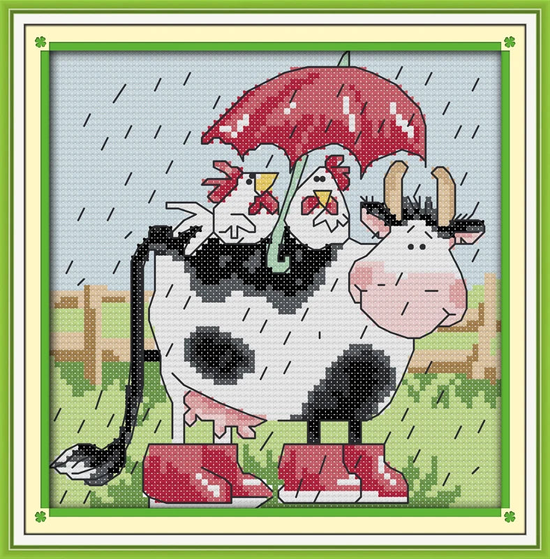 broderie point croix animaux vaches poules dessin fil coton instructions toile imprimée travaux aiguille