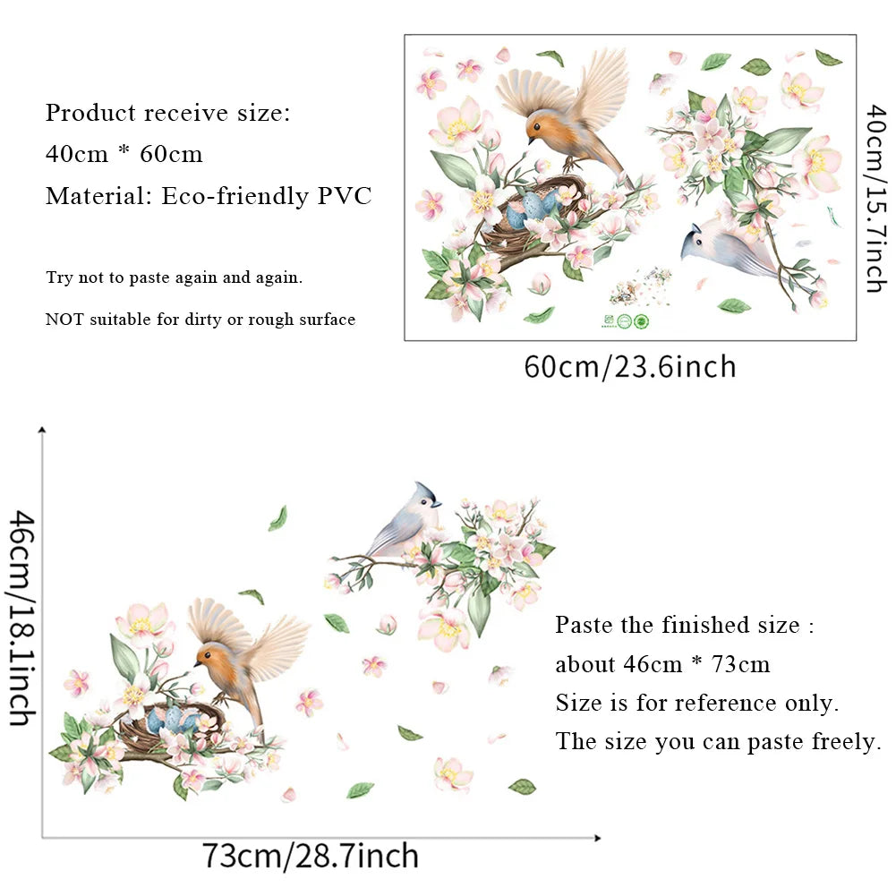 sticker mural adhésif fleurs oiseaux chinois multicolore decoration intérieure PVC resistant eau 40cm 60cm