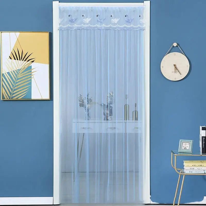 rideau porte transparent motif animaux brodés couleur bleu violet blanc enfantin