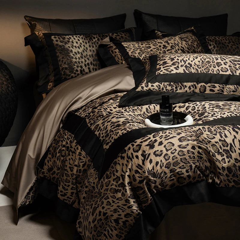 ensemble literie coton egyptien imprimé léopard marron noir ultra doux king queen