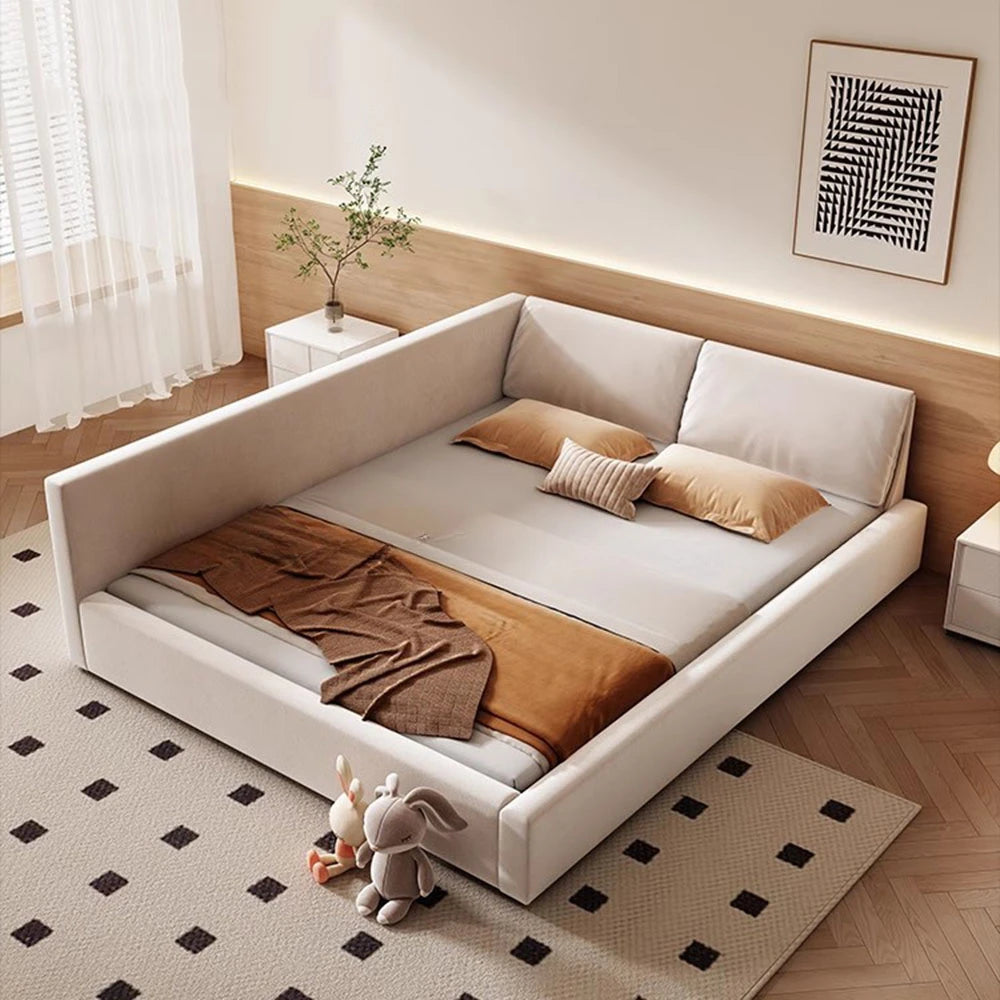 lit plateforme modulaire blanc crème moderne coussins tapis géométrique 180x200cm chambre scandinave