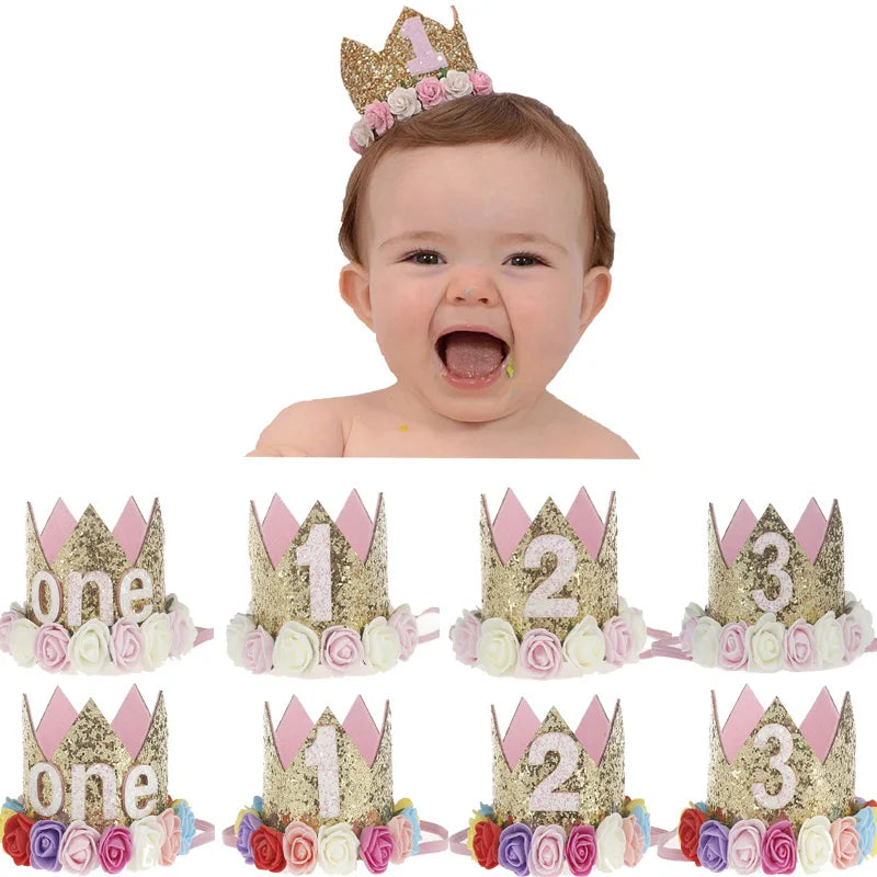 couronne anniversaire princesse or rose blanche paillettes roses artificielles bandeau festive joyeux événement