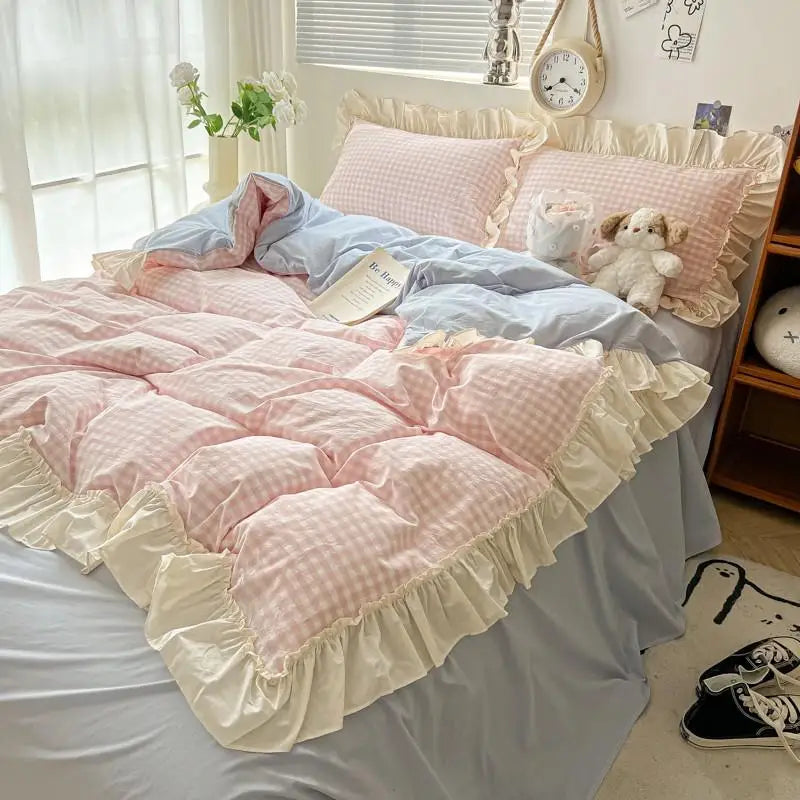 ensemble literie rose doux carreaux beige volants taies oreiller couvre lit romantique ultra frais