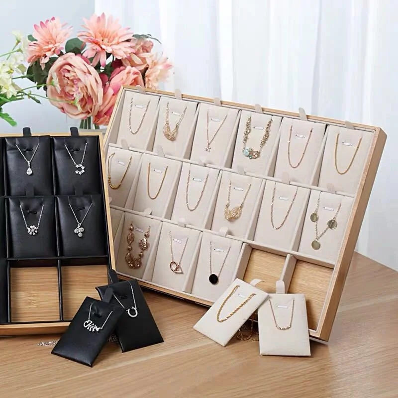 support bijoux bois velours clips boîte présentation breloques moderne 18 cases 24.5cm 35.4cm