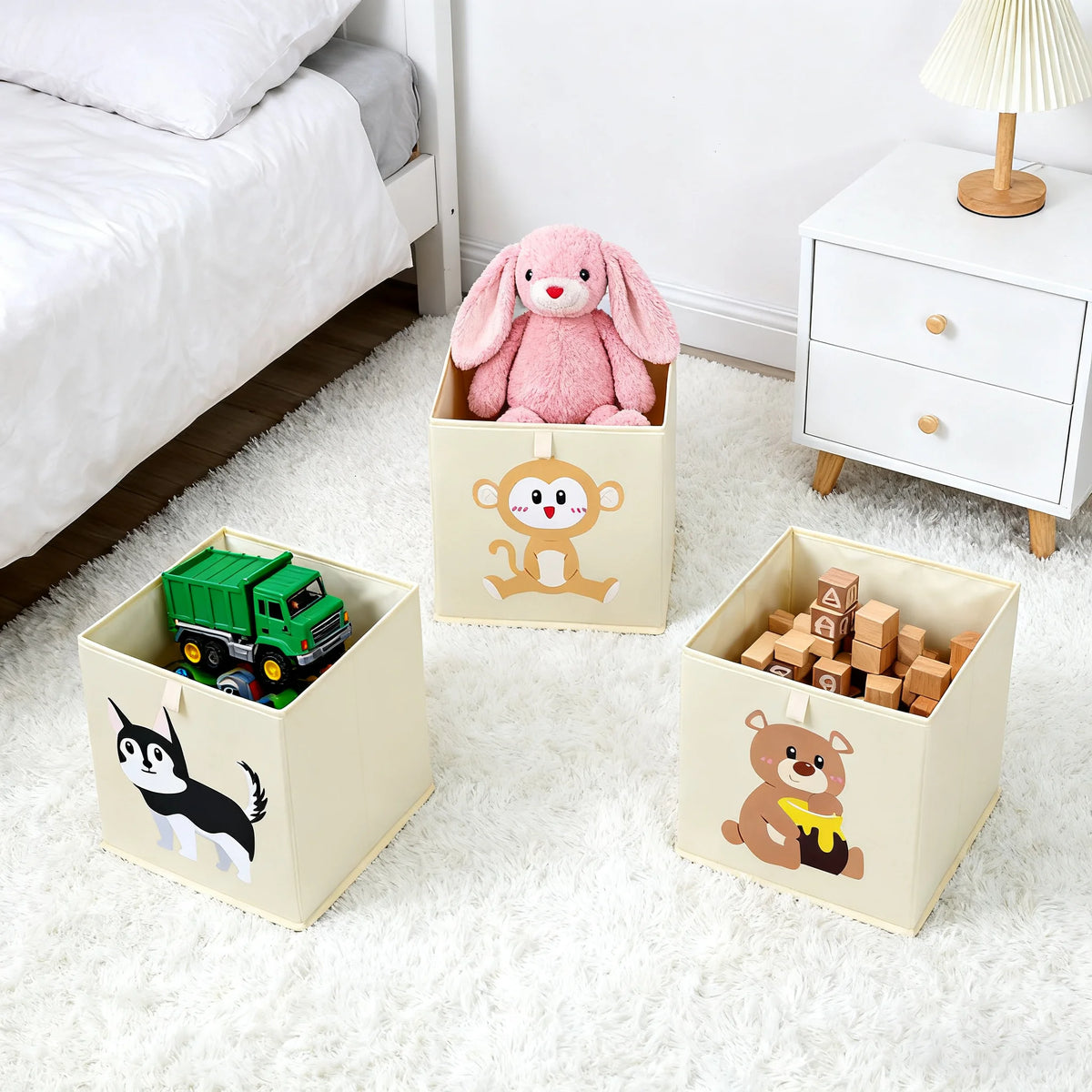 boîtes rangement animaux enfants beige poignées pliables vêtements moderne chambre jeu