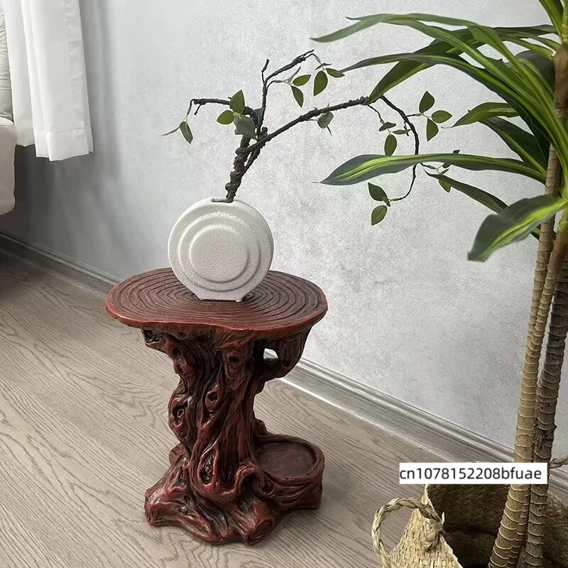 tabouret bois brut naturel rustique décoration intérieure vase inclusion plantes tronc d'arbre table basse